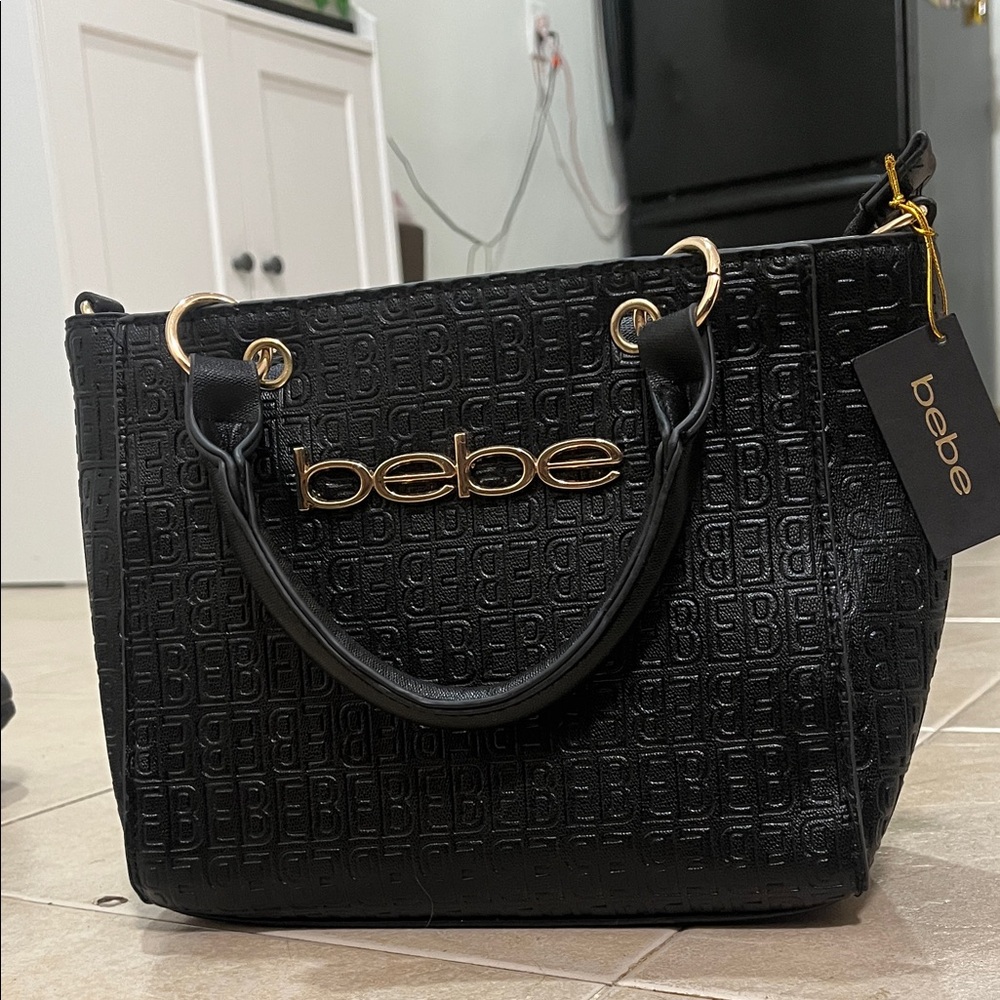 Bebe Embossed Black Satchel with Gold Accents